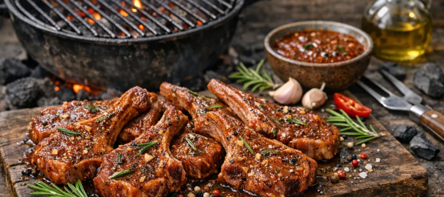 Lammkoteletts mariniert fuer den Holzkohlegrill