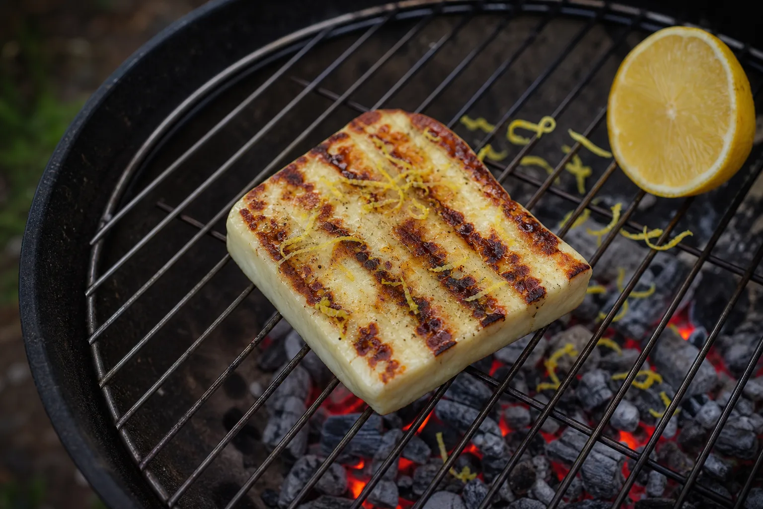 Gegrillter Halloumi mit Zitronenabrieb vom Holzkohlegrill